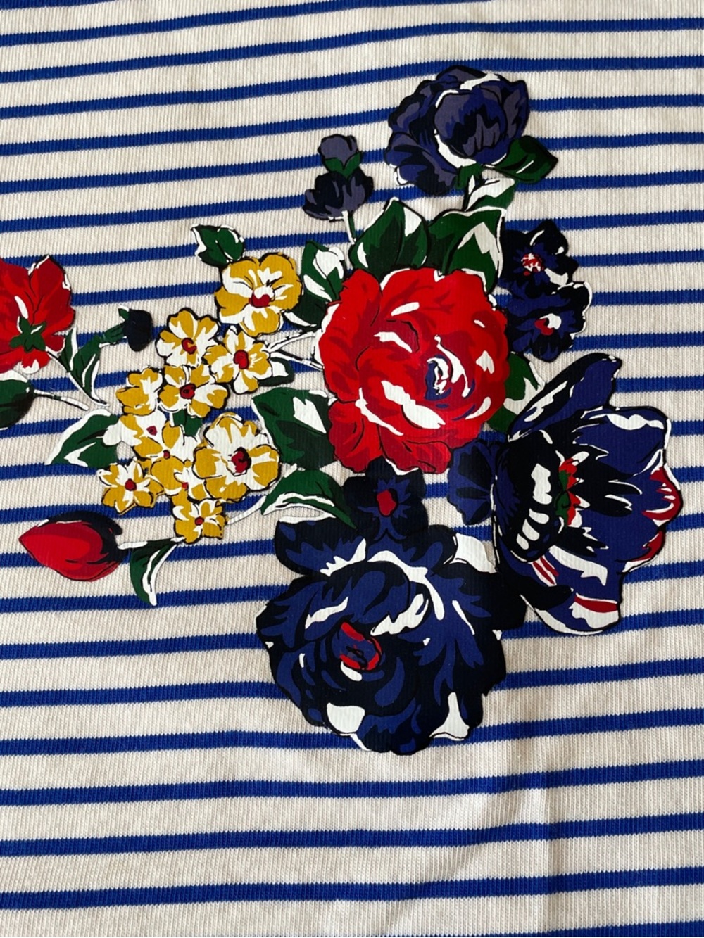 Tory Burch Top M Striped Tee White with Blue Stripes with Red Floral Accents - Picture 5 of 10